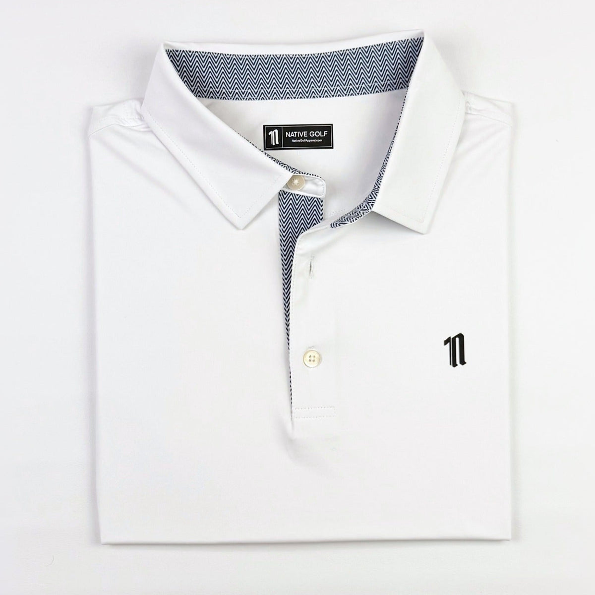 The Early Bird Polo, white, folded, micro herringbone collar liner